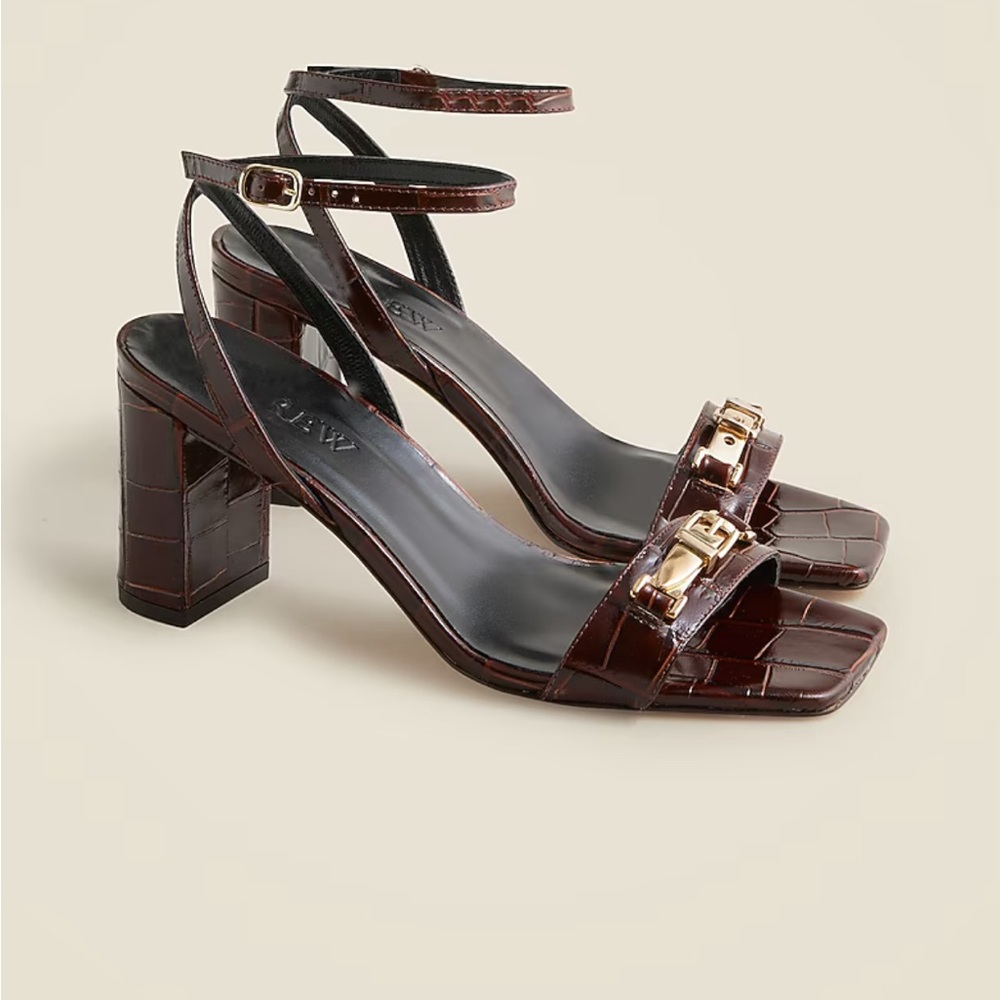 New in box J. Crew Evelyn Croc Embossed Leather Sandal Heel w/Buckle Chocolate
